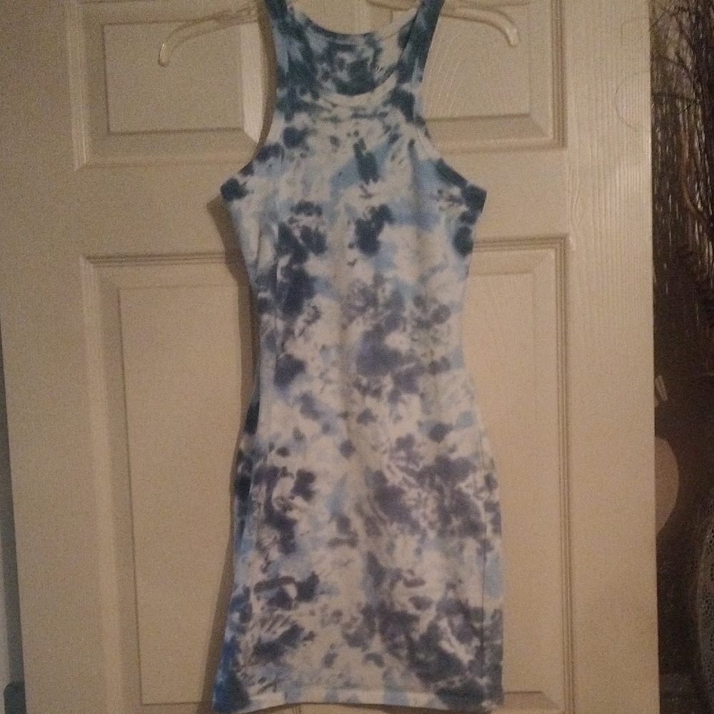 Blue and White Halter Bodycon Mini Dress